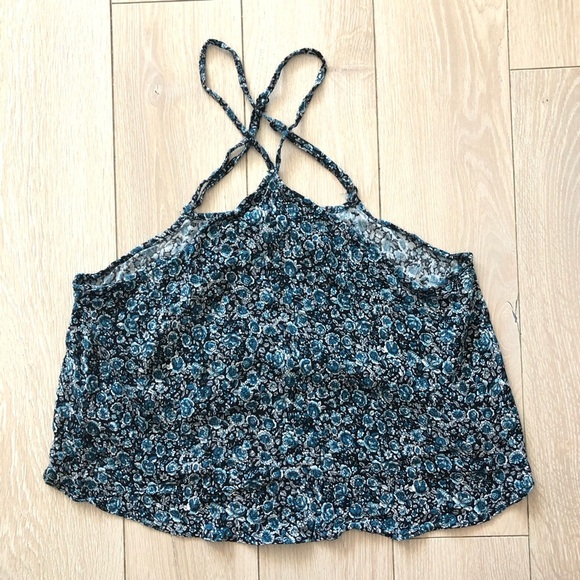 American Eagle Outfitters Floral Print Cross Back Summer Top in Black & Blue - Picture 1 of 8
